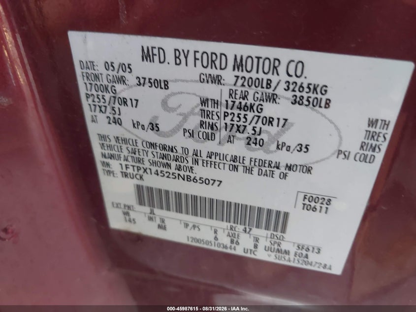 FORD F-150 2005 VIN 1FTPX14525NB65077