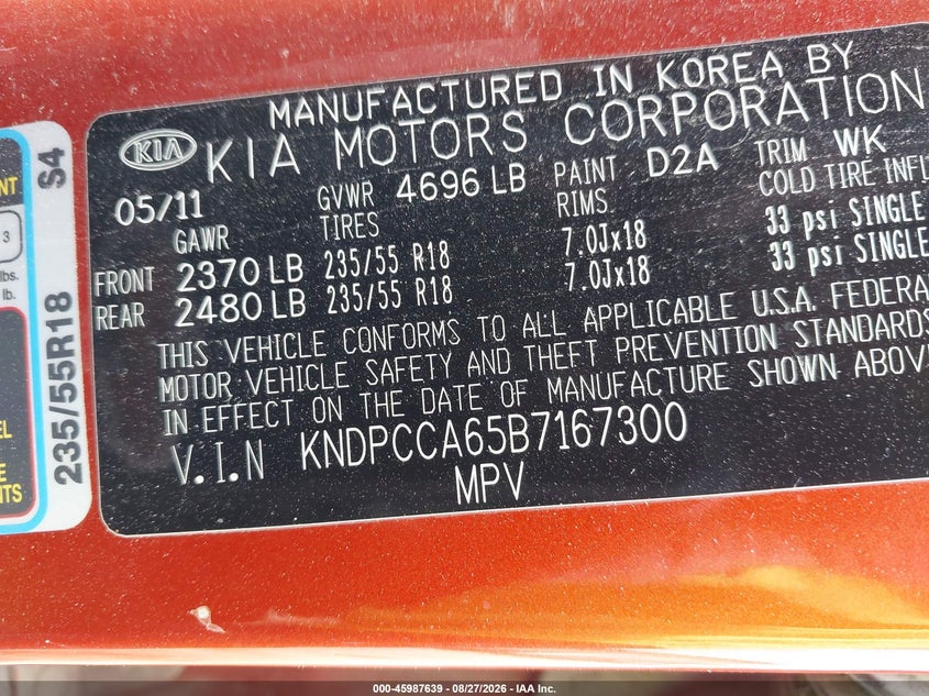 KIA SPORTAGE 2011 VIN KNDPCCA65B7167300
