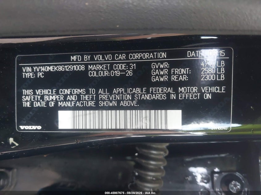VOLVO V60 2016 VIN YV140MEK8G1291008
