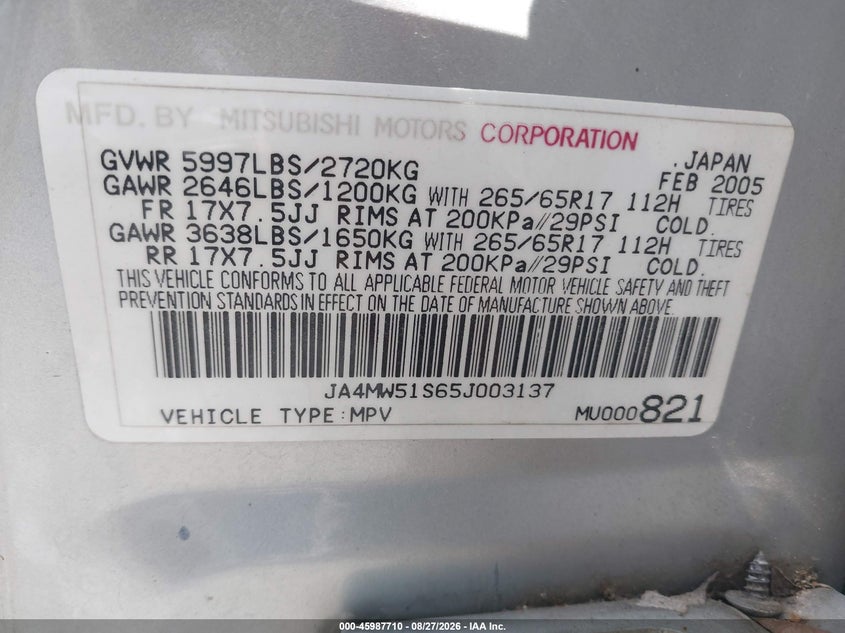 2005 MITSUBISHI MONTERO SPORT UTILITY VEHICLE 3.8L V-6 REGULAR , 215HP