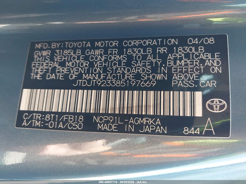 TOYOTA YARIS 2008 VIN JTDJT923385197669