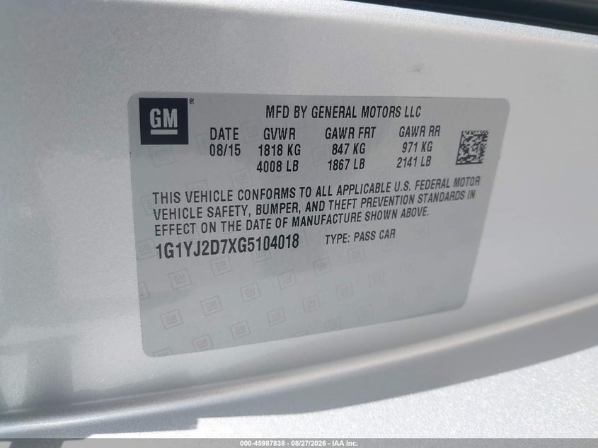 CHEVROLET CORVETTE 2016 VIN 1G1YJ2D7XG5104018