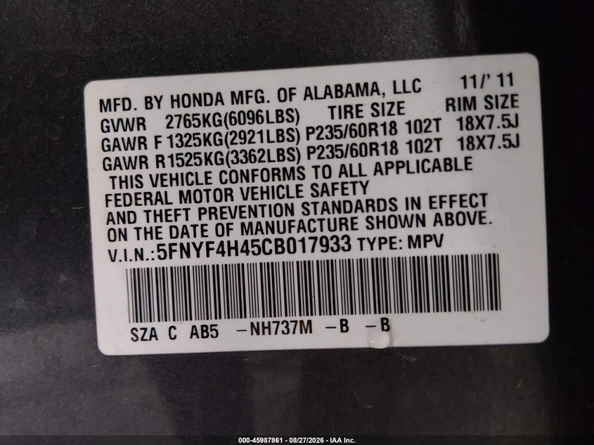 HONDA PILOT 2012 VIN 5FNYF4H45CB017933
