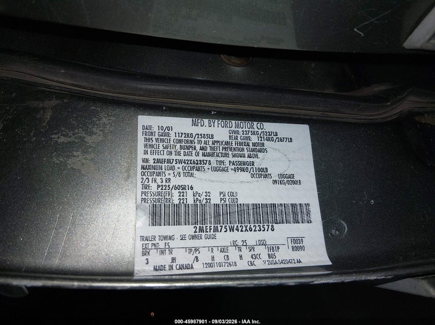 MERCURY GRAND MARQUIS 2002 VIN 2MEFM75W42X623578