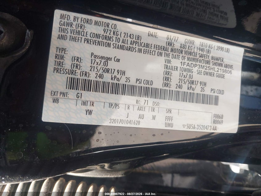 2017 FORD FOCUS HATCHBACK 2.0L I-4 DI, DOHC, VVT, REGULAR , 160HP