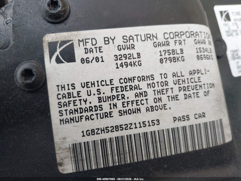 SATURN S-SERIES 2002 VIN 1G8ZH52852Z115153