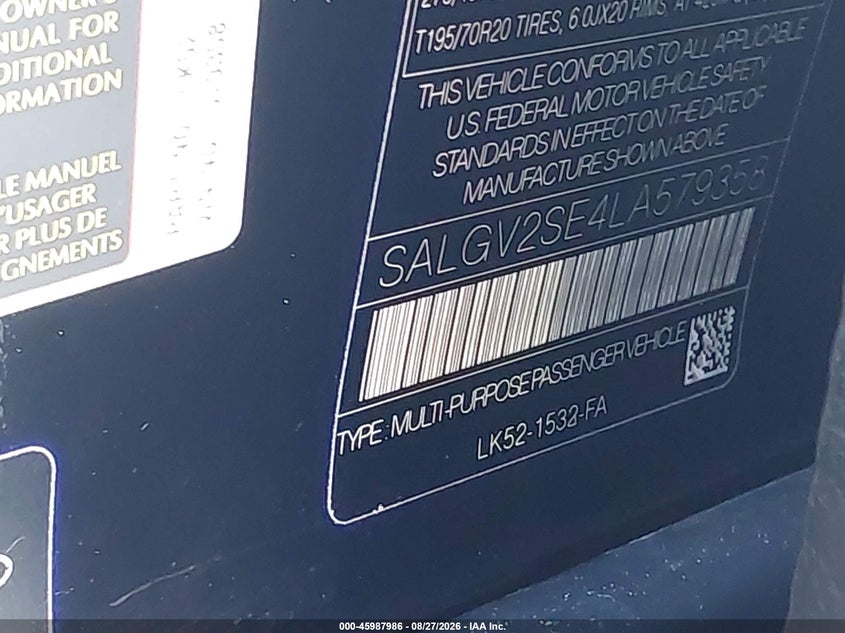 LAND-ROVER RANGE ROVER 2020 VIN SALGV2SE4LA579358