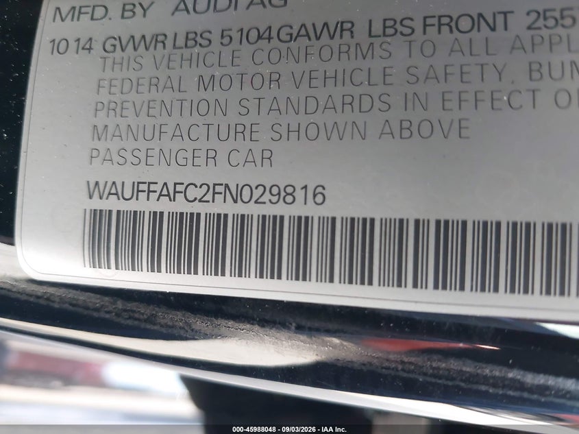 AUDI A6 2015 VIN WAUFFAFC2FN029816
