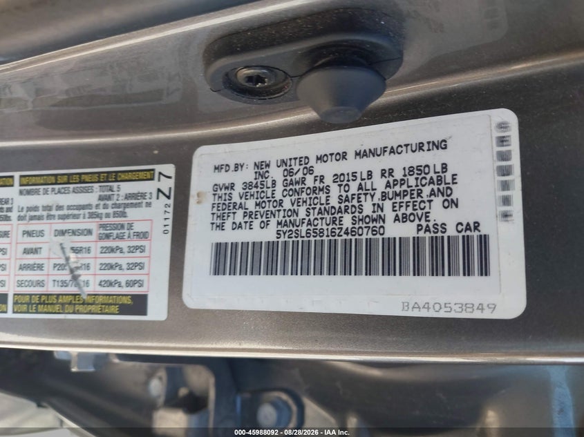 PONTIAC VIBE 2006 VIN 5Y2SL65816Z460760