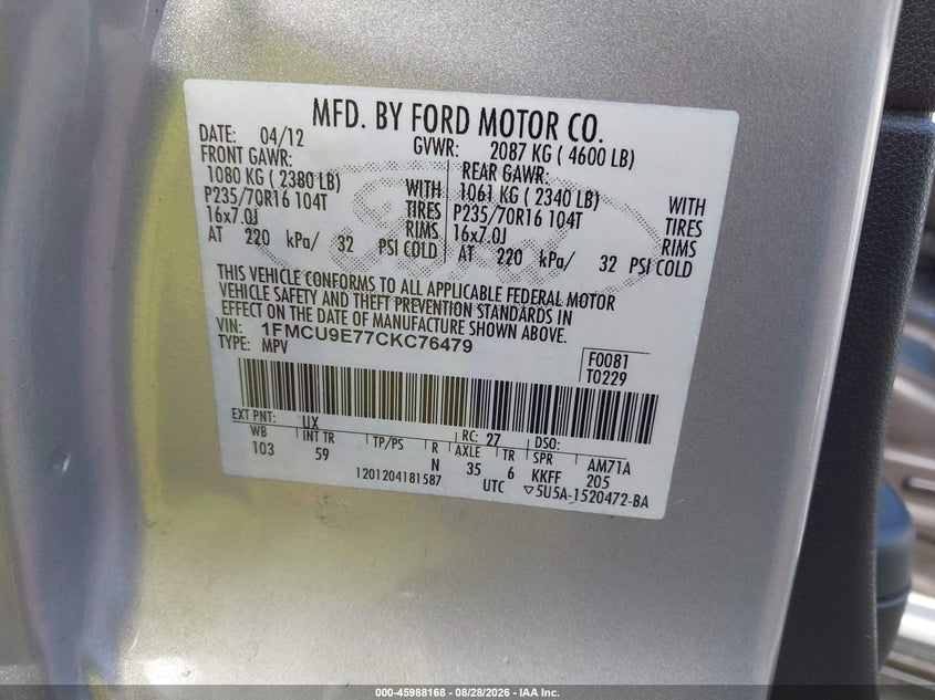 FORD ESCAPE 2012 VIN 1FMCU9E77CKC76479