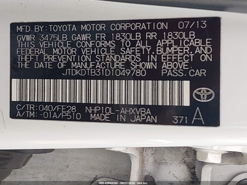 TOYOTA PRIUS C 2013 VIN JTDKDTB31D1049780