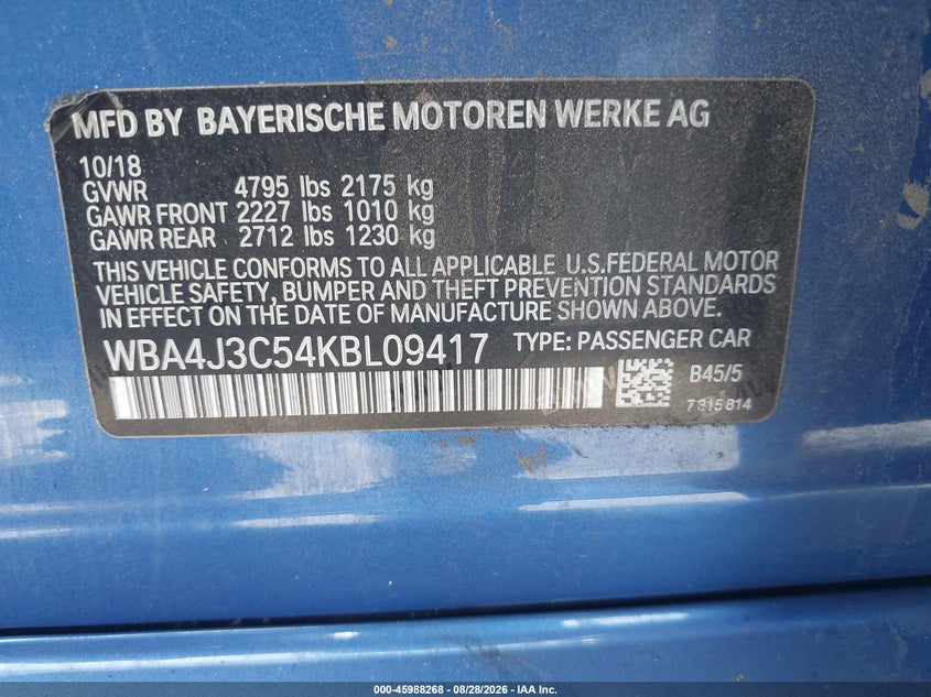 BMW 430I GRAN COUPE 2019 VIN WBA4J3C54KBL09417