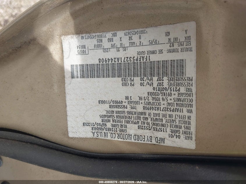 FORD TAURUS 2001 VIN 1FAFP53271A244908