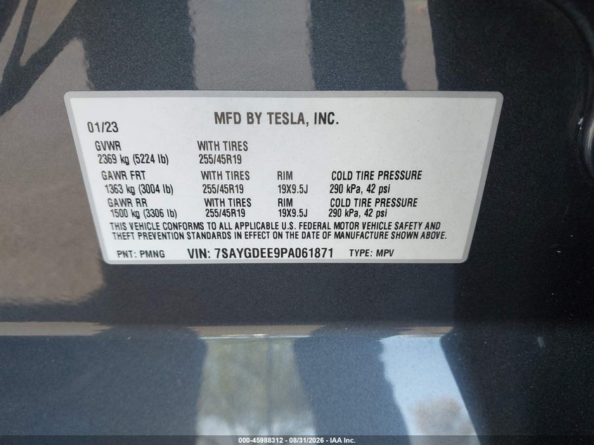 TESLA MODEL Y 2023 VIN 7SAYGDEE9PA061871