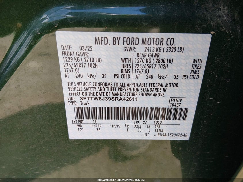 FORD MAVERICK 2025 VIN 3FTTW8J39SRA42611