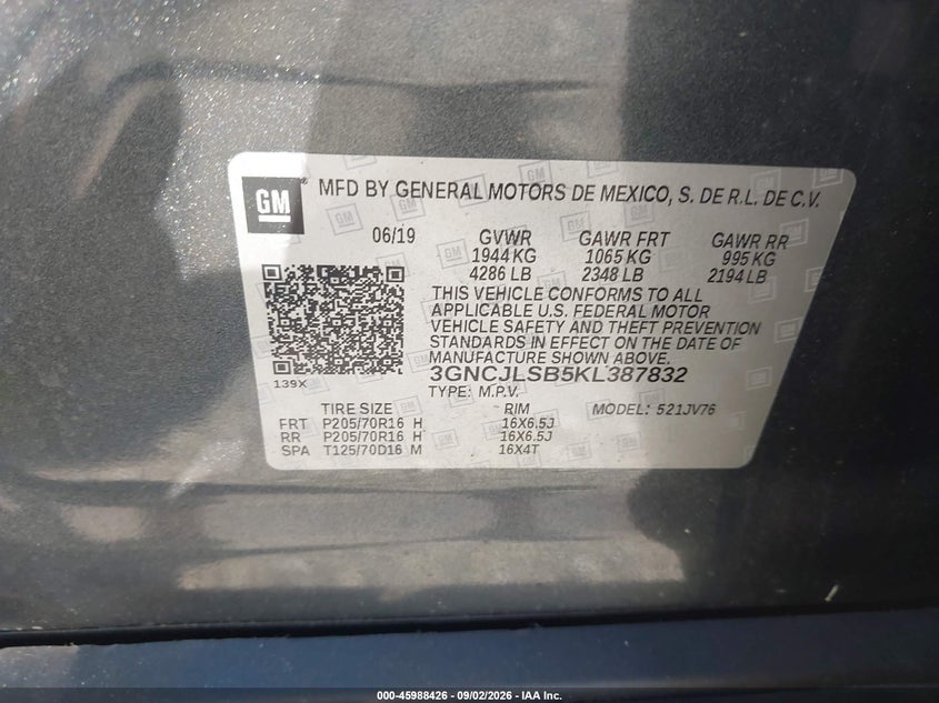2019 CHEVROLET TRAX SPORT UTILITY VEHICLE 1.4L I-4 DOHC, VVT, TURBO, 138HP