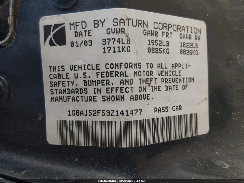 SATURN ION 2003 VIN 1G8AJ52F53Z141477