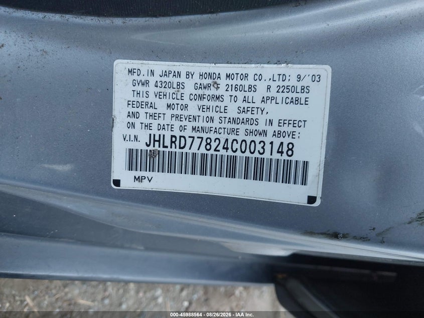 2004 HONDA CR-V SPORT UTILITY VEHICLE 2.4L I-4 DOHC, VVT, 160HP