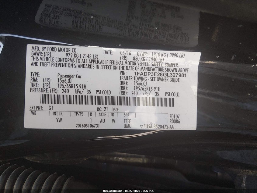 FORD FOCUS 2016 VIN 1FADP3E28GL327981