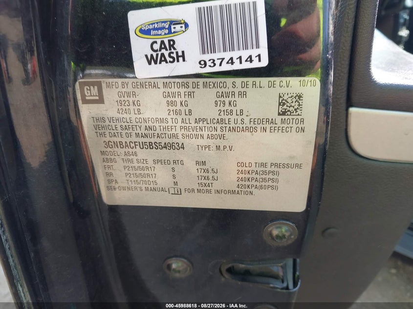 CHEVROLET HHR 2011 VIN 3GNBACFU5BS549634