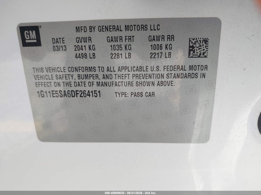 2013 CHEVROLET MALIBU SEDAN 2.5L I-4 DI, DOHC, VVT, REGULAR , 197HP