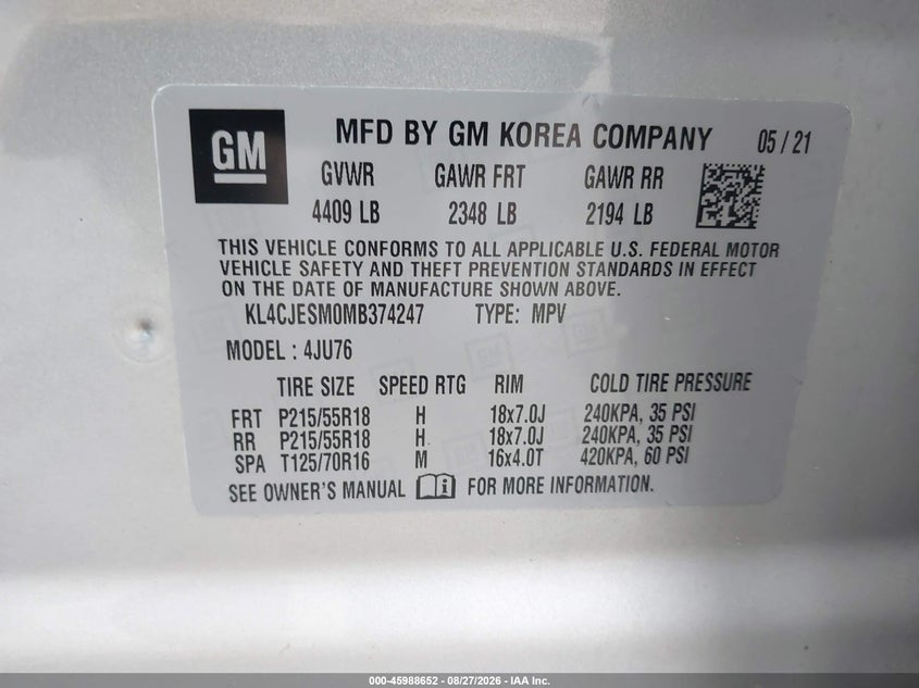 BUICK ENCORE 2021 VIN KL4CJESM0MB374247