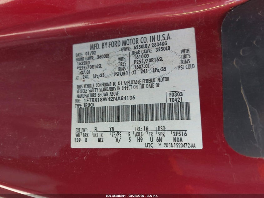 FORD F-150 2002 VIN 1FTRX18W42NA84136