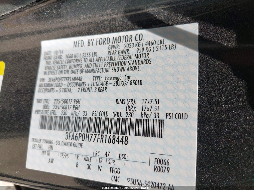 2015 FORD FUSION SEDAN 2.5L I-4 DOHC, VVT, 175HP