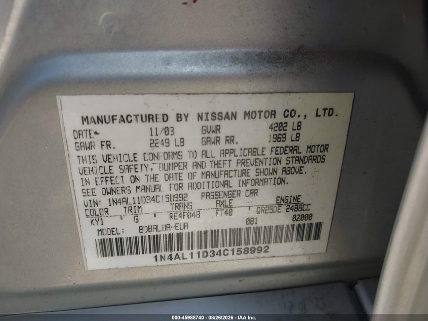 NISSAN ALTIMA 2004 VIN 1N4AL11D34C158992
