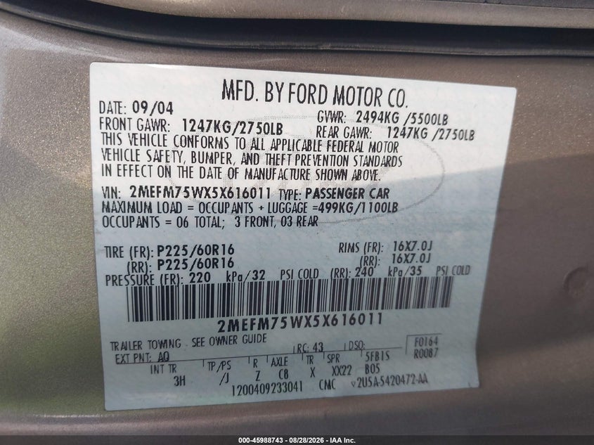 MERCURY GRAND MARQUIS 2005 VIN 2MEFM75WX5X616011
