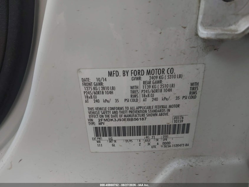 FORD EDGE 2014 VIN 2FMDK3J93EBB56187