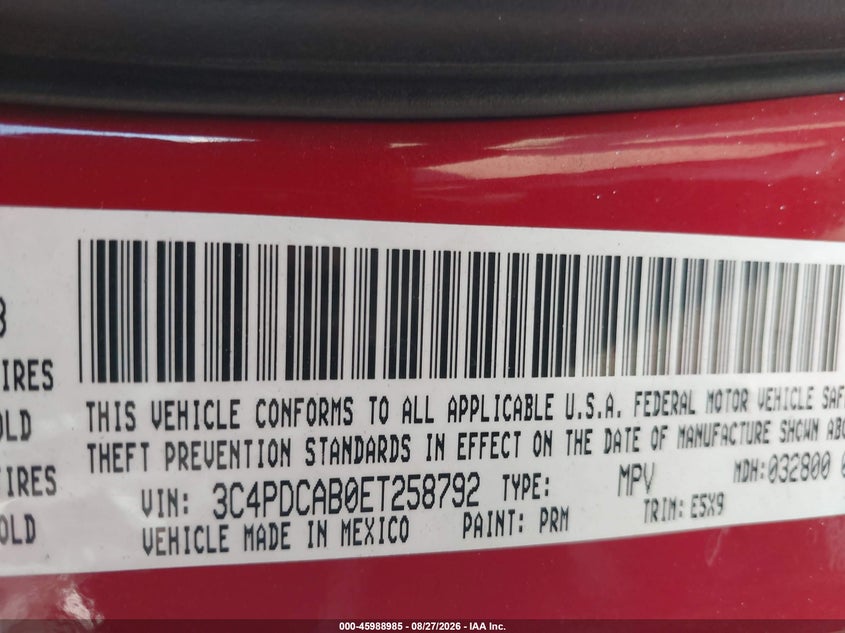 DODGE JOURNEY 2014 VIN 3C4PDCAB0ET258792