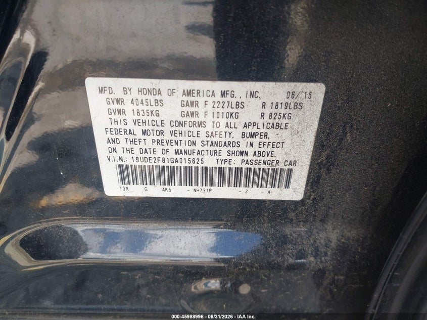 ACURA ILX 2016 VIN 19UDE2F81GA015625