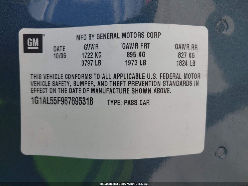 CHEVROLET COBALT 2006 VIN 1G1AL55F967695318