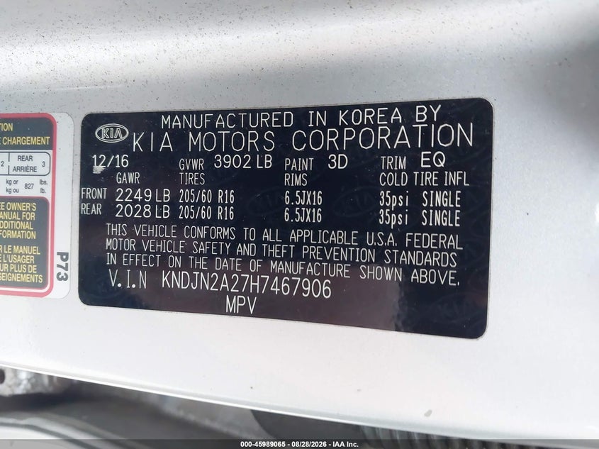 KIA SOUL 2017 VIN KNDJN2A27H7467906