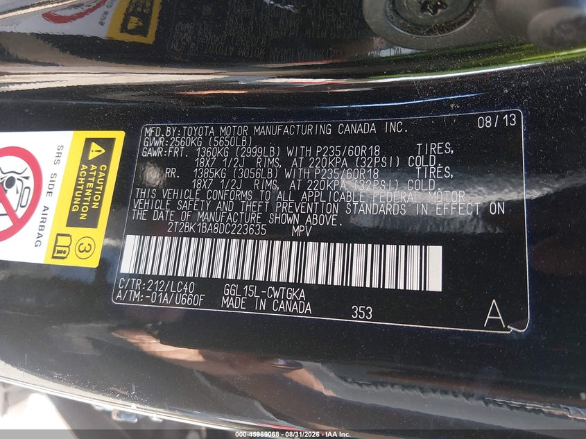 LEXUS RX 350 2013 VIN 2T2BK1BA8DC223635