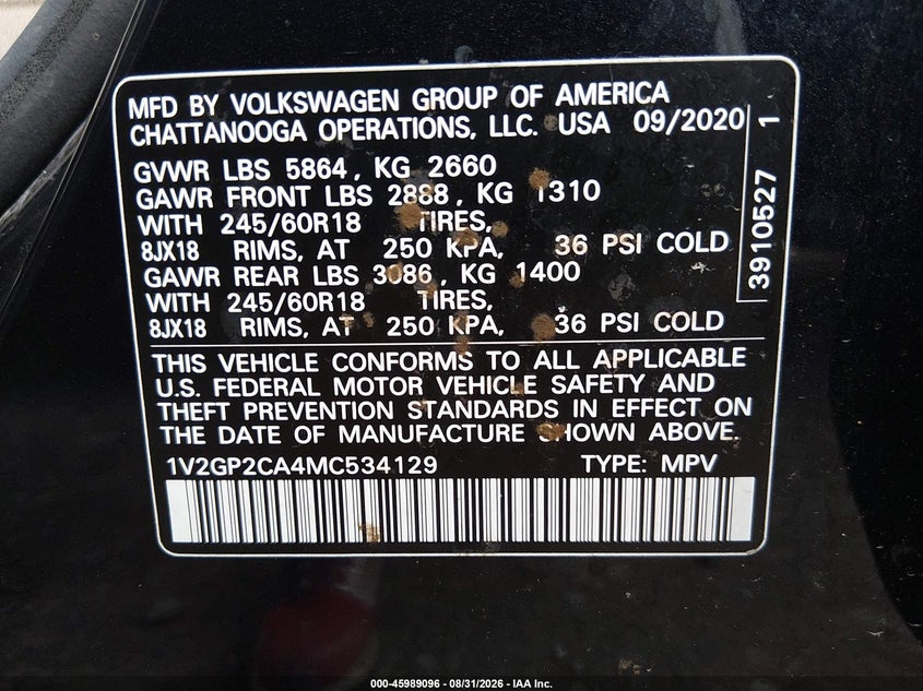 VOLKSWAGEN ATLAS 2021 VIN 1V2GP2CA4MC534129