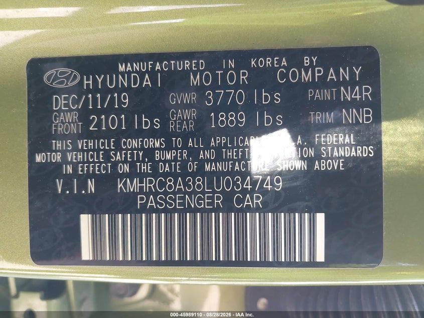HYUNDAI VENUE 2020 VIN KMHRC8A38LU034749