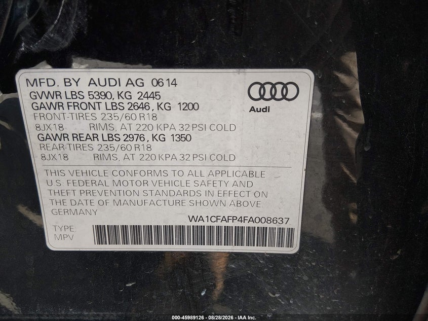 AUDI Q5 2015 VIN WA1CFAFP4FA008637