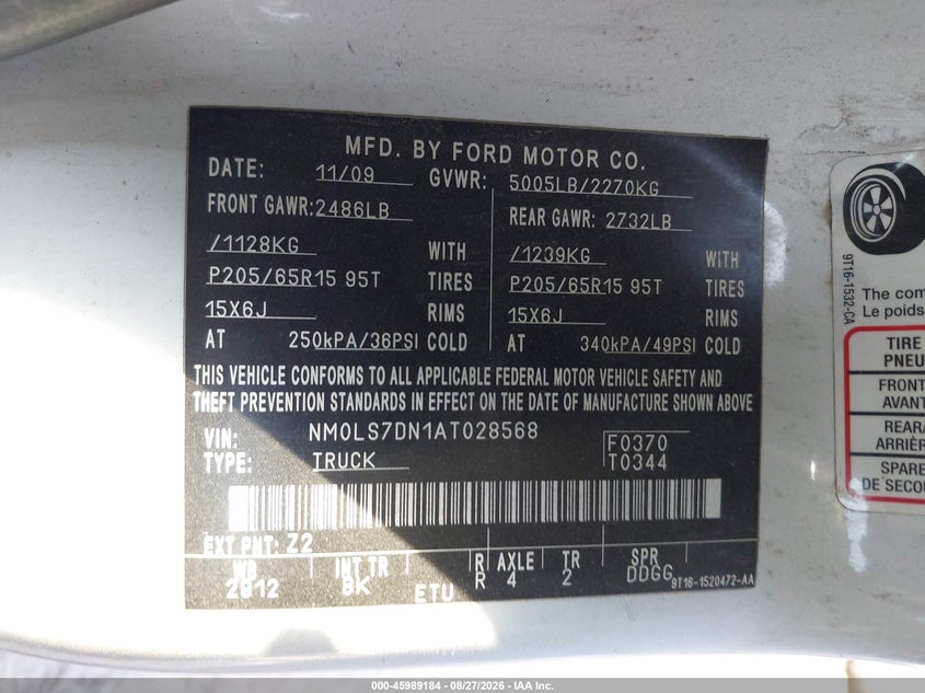 FORD TRANSIT CONNECT 2010 VIN NM0LS7DN1AT028568