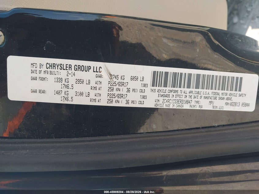 CHRYSLER TOWN & COUNTRY 2014 VIN 2C4RC1CG3ER310847