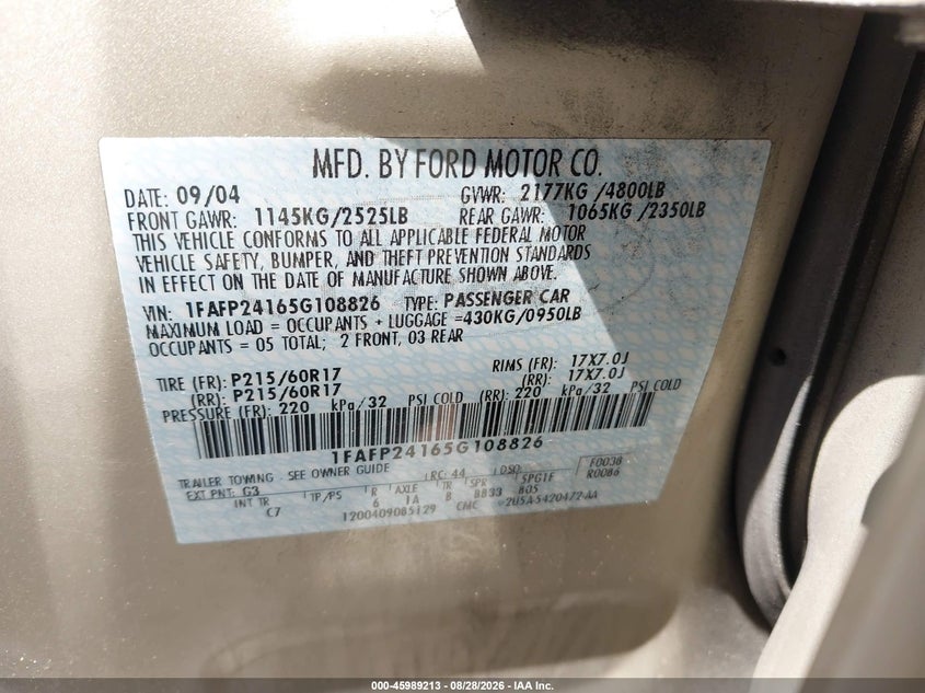 FORD FIVE HUNDRED 2005 VIN 1FAFP24165G108826