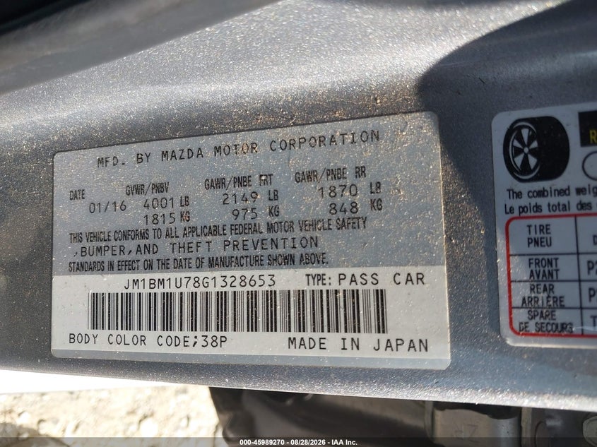 MAZDA MAZDA3 2016 VIN JM1BM1U78G1328653