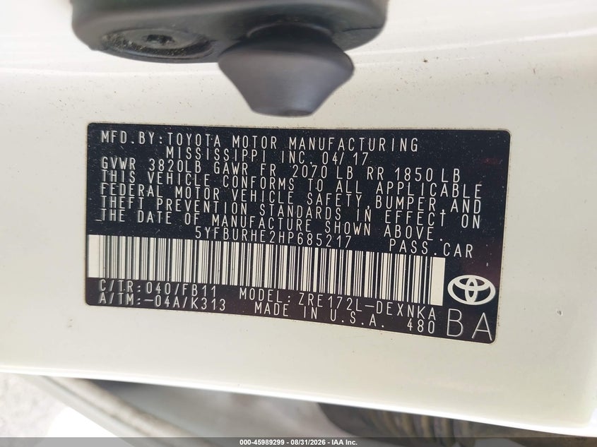 2017 TOYOTA COROLLA SEDAN 1.8L I-4 DOHC, VVT, REGULAR , 132HP