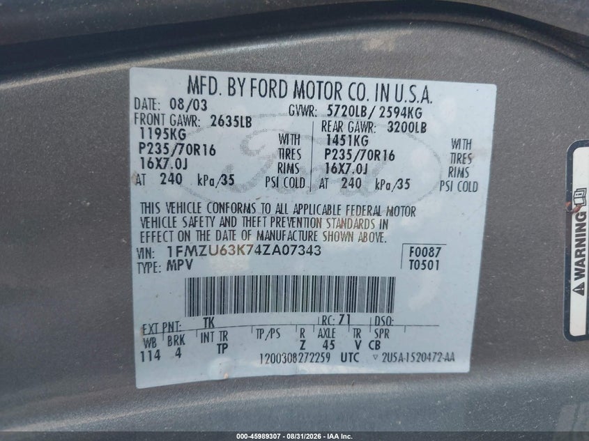 2004 FORD EXPLORER SPORT UTILITY VEHICLE 4.0L V-6 210HP