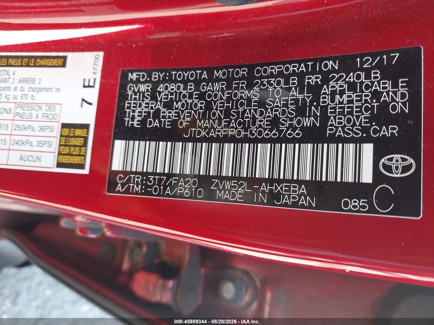 TOYOTA PRIUS PRIME 2017 VIN JTDKARFP0H3066766
