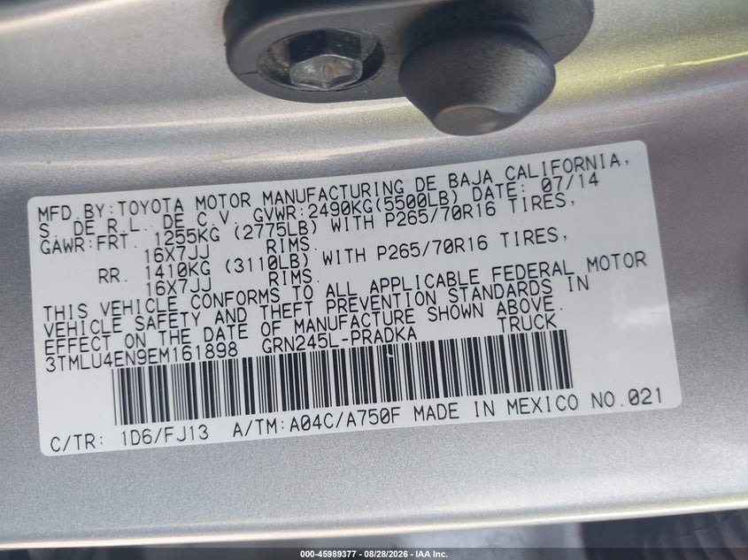 TOYOTA TACOMA 2014 VIN 3TMLU4EN9EM161898