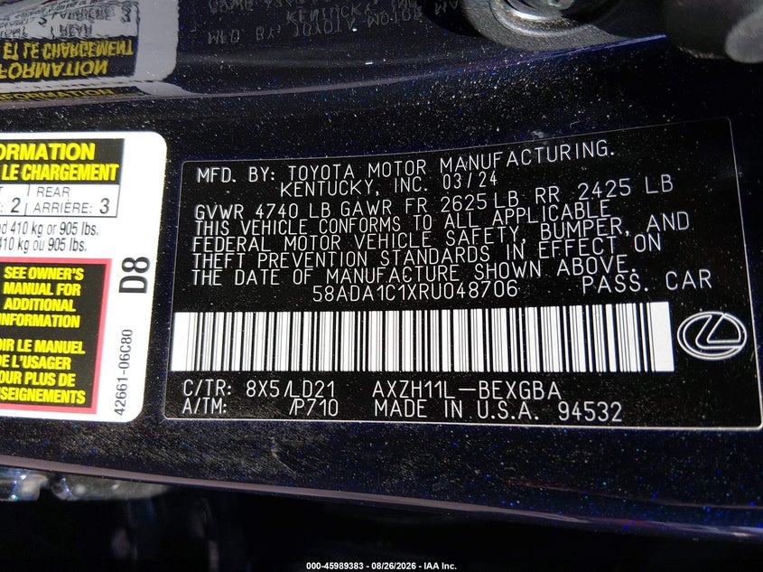 LEXUS ES 300H 2024 VIN 58ADA1C1XRU048706