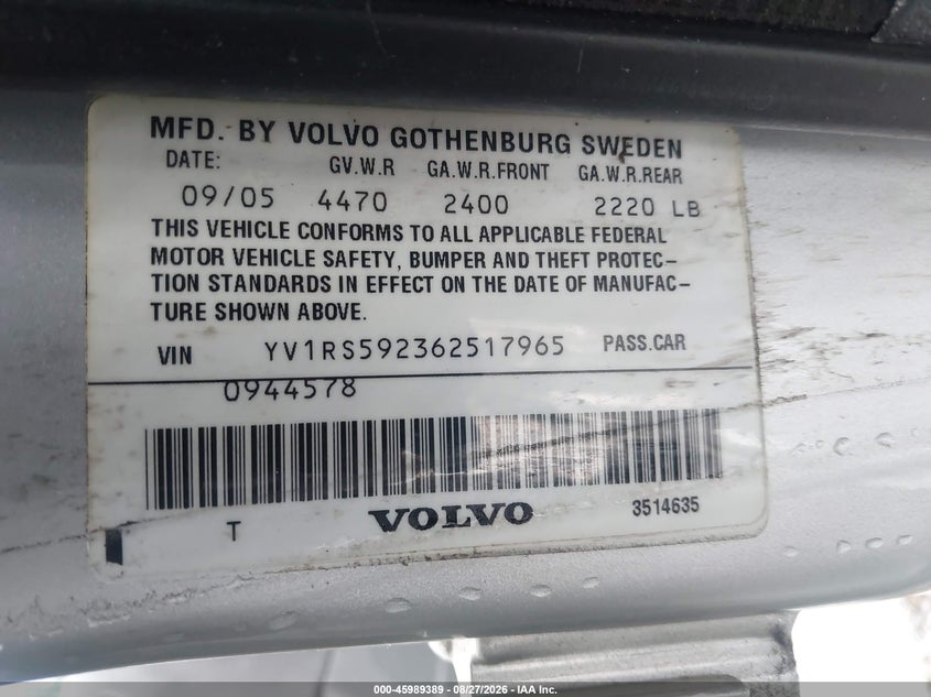 VOLVO S60 2006 VIN YV1RS592362517965