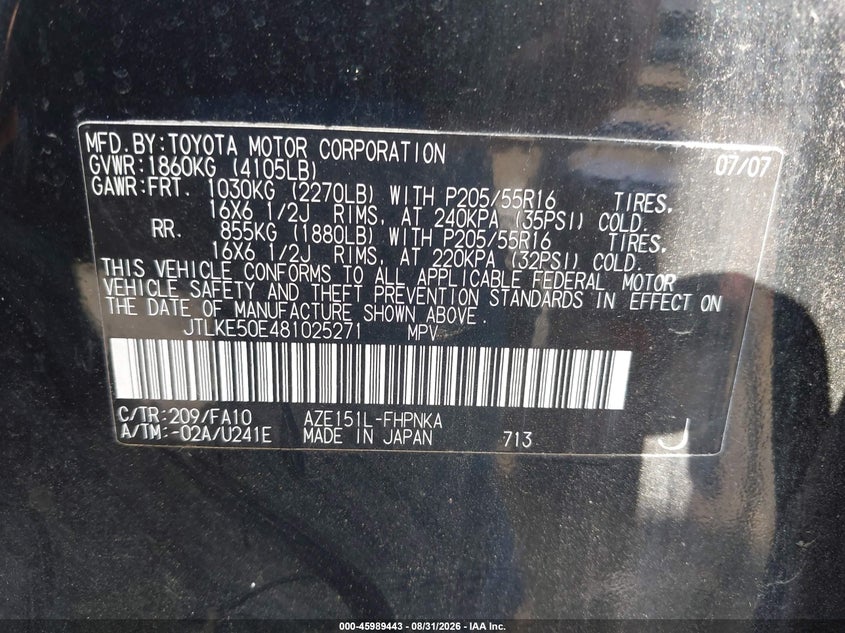 SCION XB 2008 VIN JTLKE50E481025271